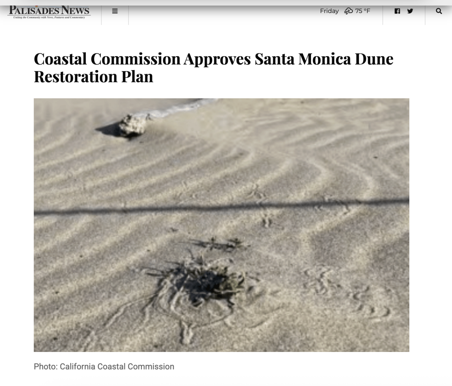 Palisades News webpage displaying an image with sand on a coast